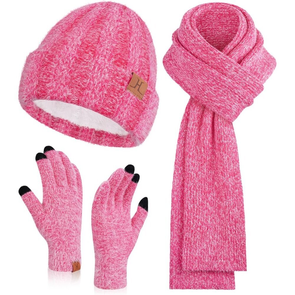 Womens Winter Warm Knit Beanie Hat Touchscreen Gloves Long Neck Scarf Set with F